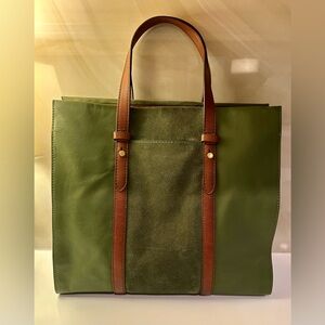 Fossil Leather Suede Green Tote Handbag Green Brown Handles Work Travel Safari